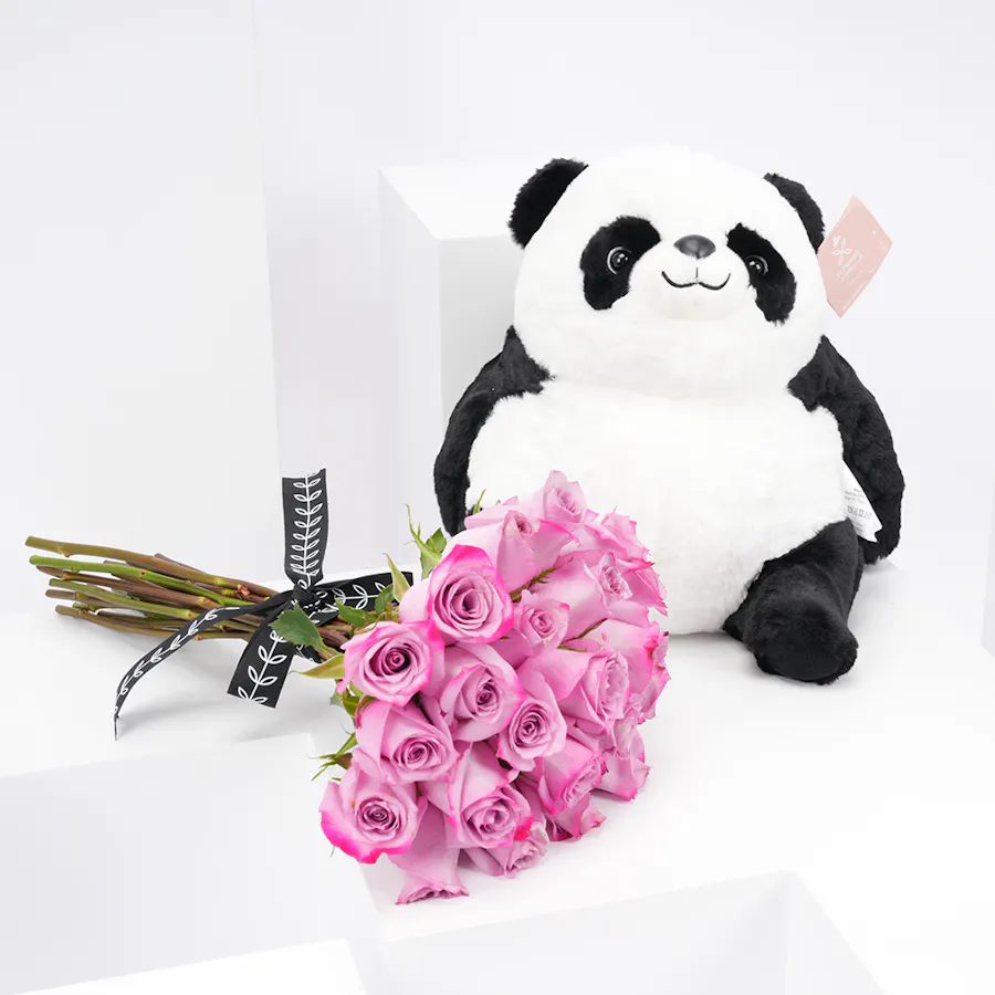 Floward Plush Panda with 20 Purple Roses Bouquet 2