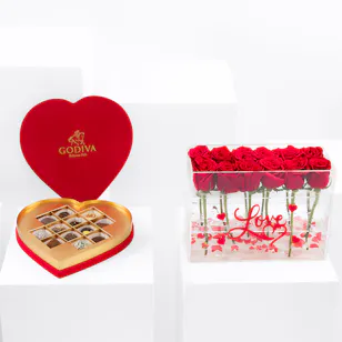 Godiva Heart Box 12 Chocolates Pcs & Floward Love Box Godiva Heart Box 12 Chocolates Pcs & Floward Love Box