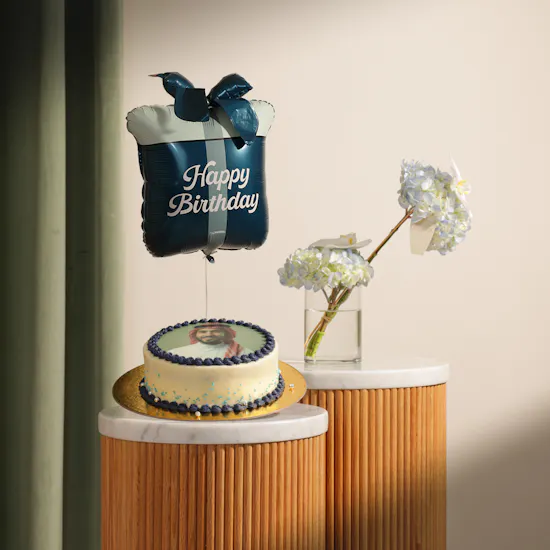 Floward Personalized Photo Blue Cake | Birthday Flowers and Balloon