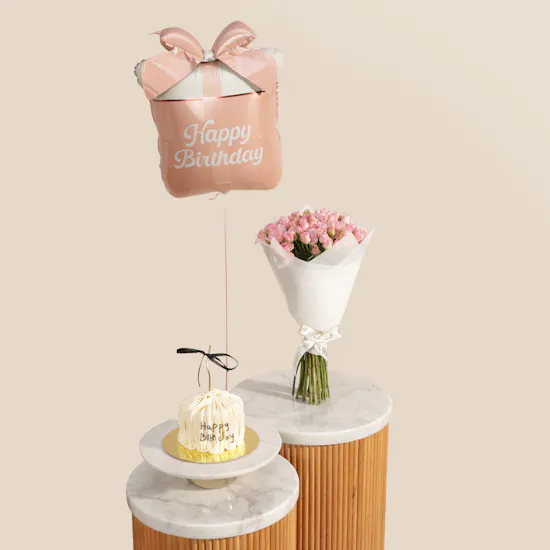 Sweet Atelier White Ropes Birthday Cake | Flowers Bouquet and Happy Birthday Balloon