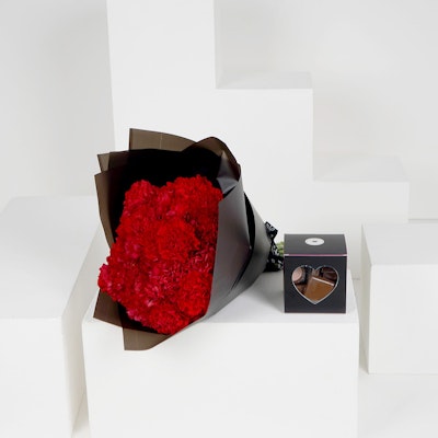 50 Red Carnations Hand Bouquet with a Medium Chocolate Box