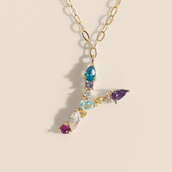 L'azurde Instyle Letter Y Colored Stones Gold Necklace