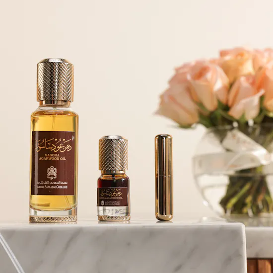Abdul Samad Al Qurashi Sasura Oud Oil Set | Peach Rose Vase