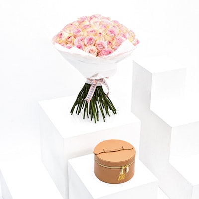 Brown Leather Box& 70 Pink Roses