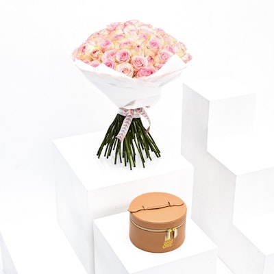 Brown Leather Box& 70 Pink Roses