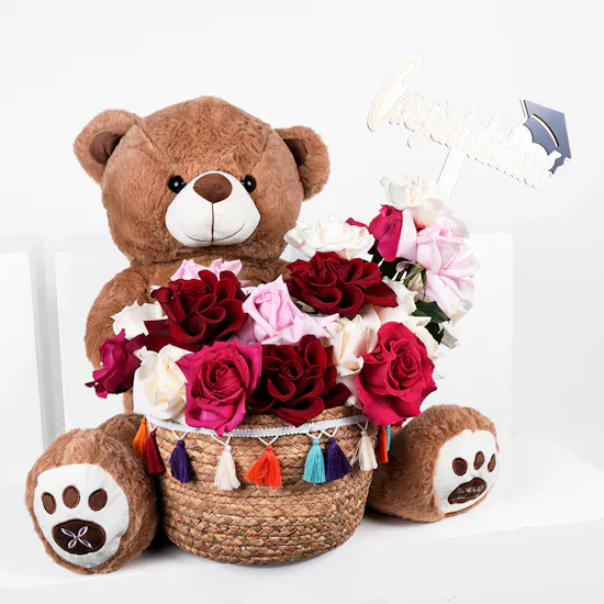 Congratulations for New Beginnings | Flowers and Teddy Bear