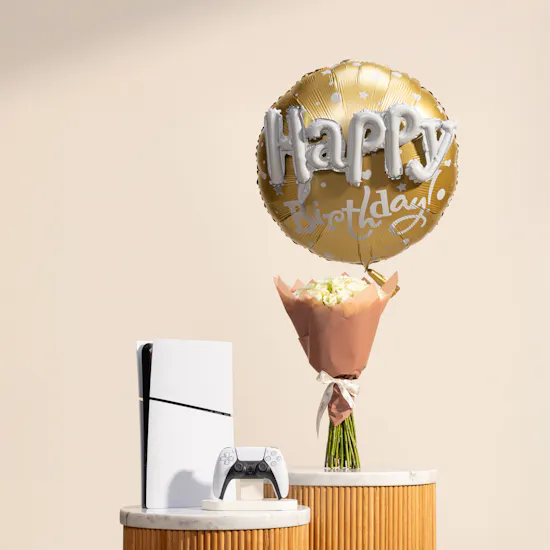 Sony PlayStation 5 White Slim Disc Version | White Roses and Happy Birthday Balloon