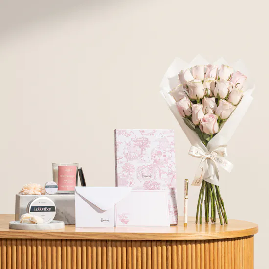 Catmint Candles Floral Candle Gift Set | Harrods Pretty Pink Writing Set and Flowers