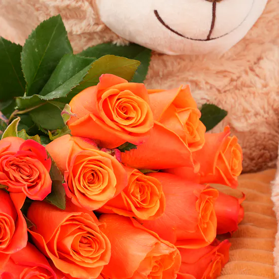 Buy and send Floward Large Plush Bear with 15 Orange Roses Bouquet gift  Online in Mecca | Floward Mecca