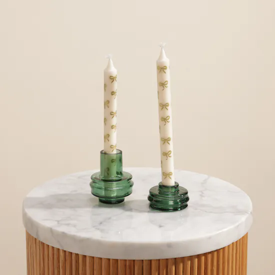 Melosa White Candles with Green Holder Set