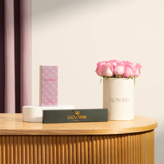 Guess Pink EDP For Women | Giovanni Dark Chocolate Caramel Mini Box and Flowers