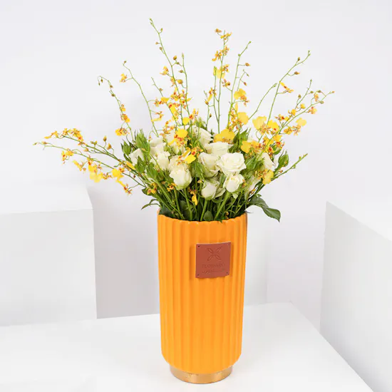 White Baby Roses | Yellow Vase