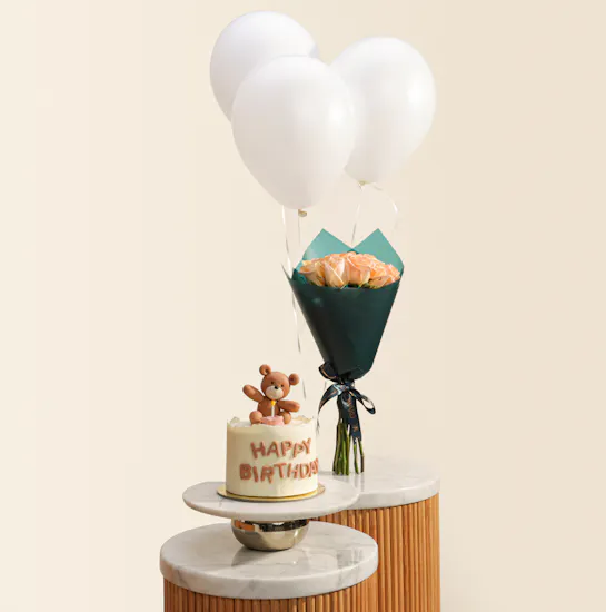 Madeleine Teddy Bear Happy Birthday Cake | Happiest Flowers Bouquet