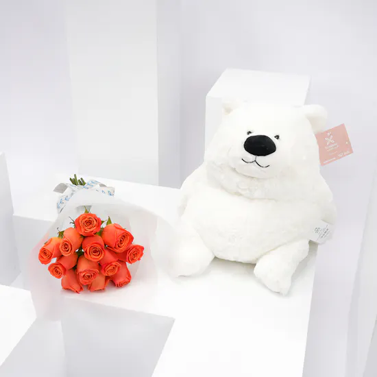 Floward Plush Bear with 12 Orange Roses Bouquet