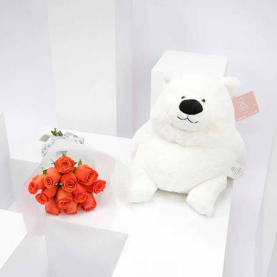 Floward Plush Bear with 12 Orange Roses Bouquet 1