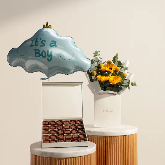 Floward Mix Chocolates Box | Calm Flower Bouquet and Baby Reveal Balloon
