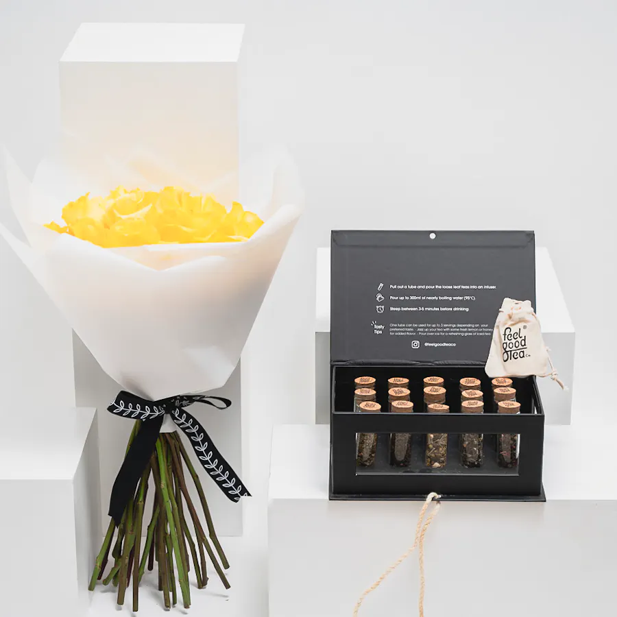 Feel Good Tea Black Discovery Box | 25 Yellow Roses Bouquet 1