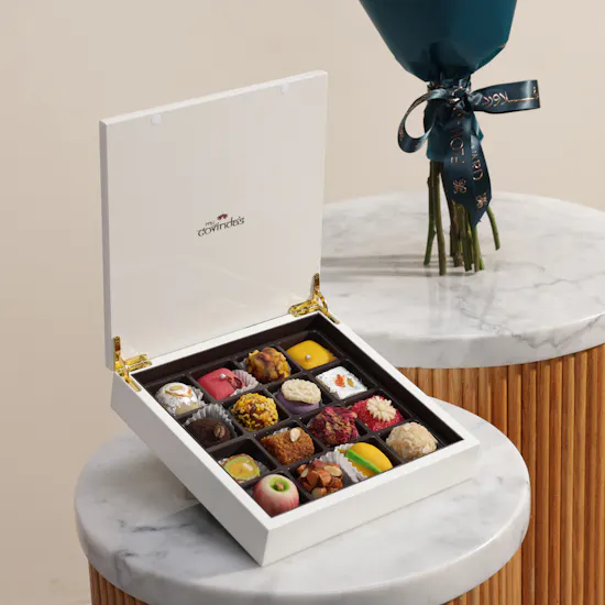 MyGovindas Mixed Sweets Wooden Box | Beautiful Flower Bouquet