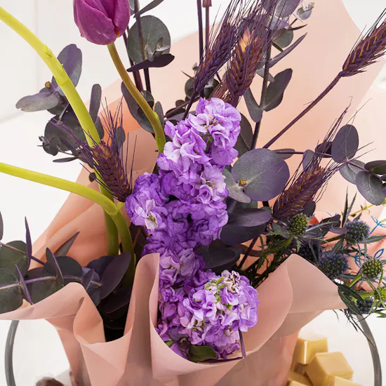 Chocolates with Purple Blooms Tray