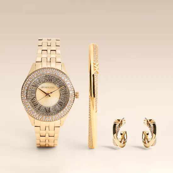 Michael Kors Mini Harlowe Pavé Gold Tone Watch With Jewelry Set