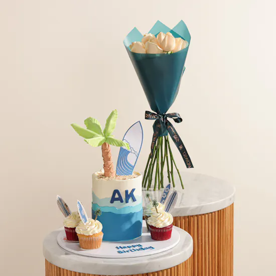NQ's Bakery Surf Theme Personalized Cake and Cupcakes | Wave of Happiness Flowers