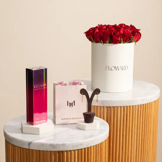 Hrh Pavé Safety Pin Earrings | Escada Magnetism Perfume for Women and Red Roses