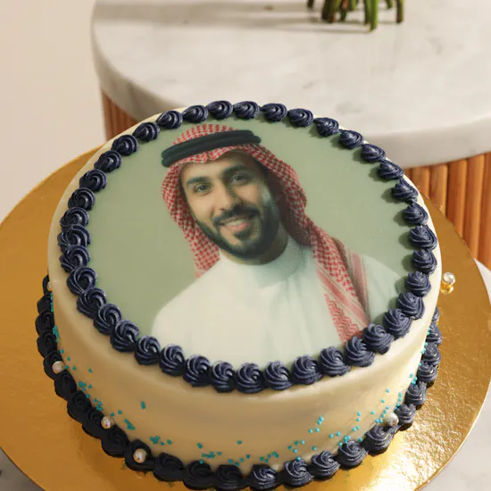 Floward Personalized Photo Chocolate Blue Cake | Shiny Flowers Bouquet and White Balloons