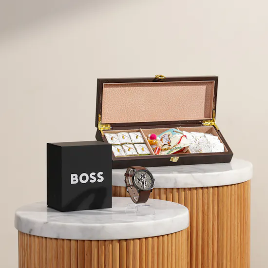 MyGovindas Rakhi Assorted Sweets Hamper | Hugo Boss Chronograph Men's Watch