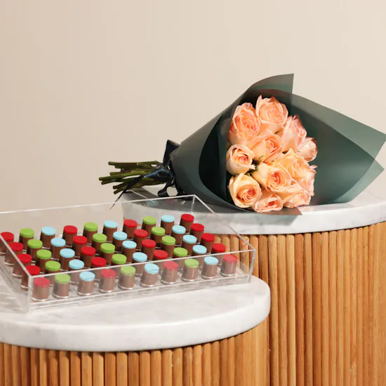 Ghazl Chocolatier Happy Birthday Chocolates Box | Pure White Carnation Bouquet