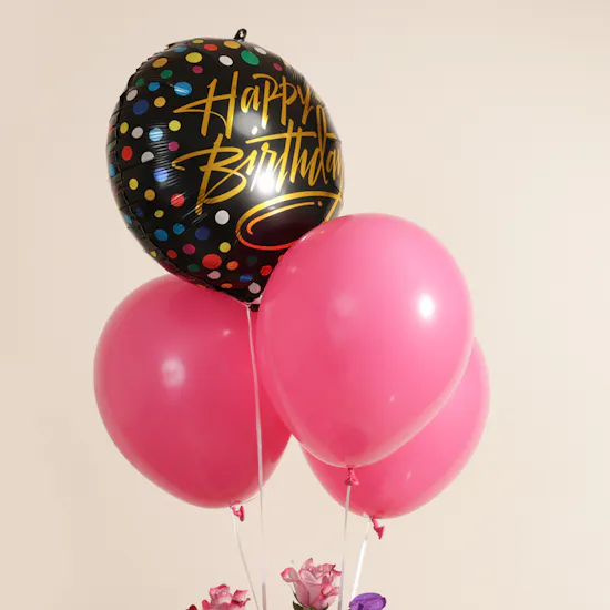 Floward Birthday Slice Comic Cake | Enchanting Flowers Vase and Balloons