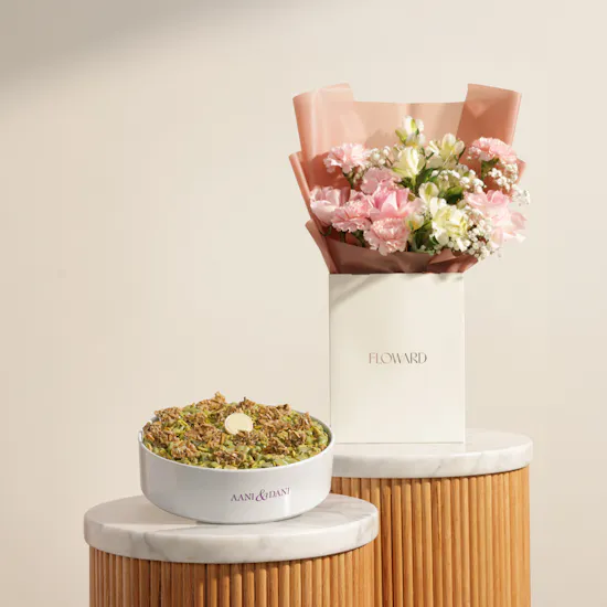 Aani & Dani Pistachio Pudding Cake | Soft Devotion Flower Bouquet
