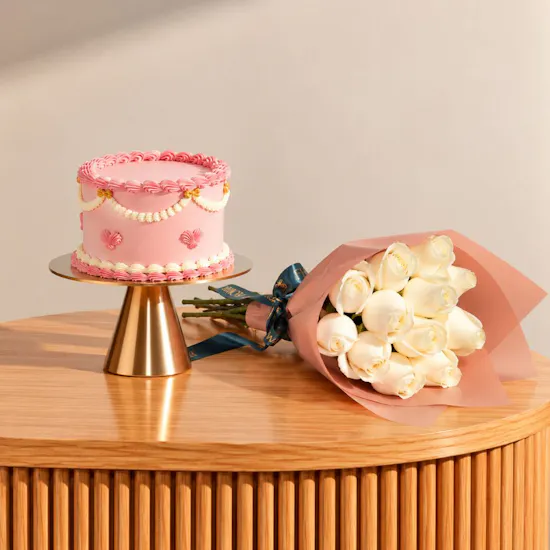 The Hummingbird Bakery Personalized Once Upon a Pink Cake | Delightful Roses Bouquet