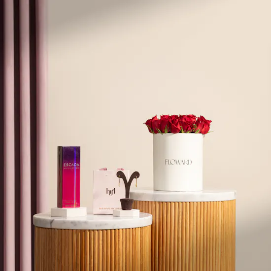 Hrh Pavé Safety Pin Earrings | Escada Magnetism Perfume for Women and Red Roses