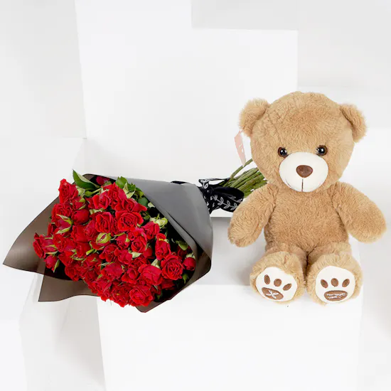 20 Red Baby Roses Hand Bouquet with a Small Teddy Bear