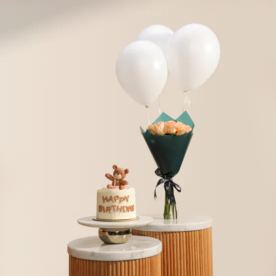 Madeleine Teddy Bear Happy Birthday Cake | Happiest Flowers Bouquet