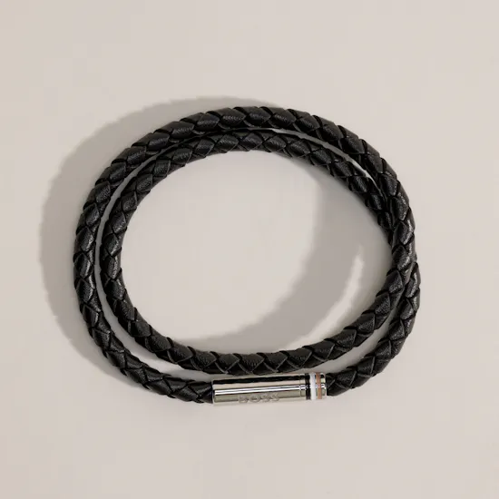 Hugo Boss Ares Double Braided Leather Black Cuff Men's Wristband