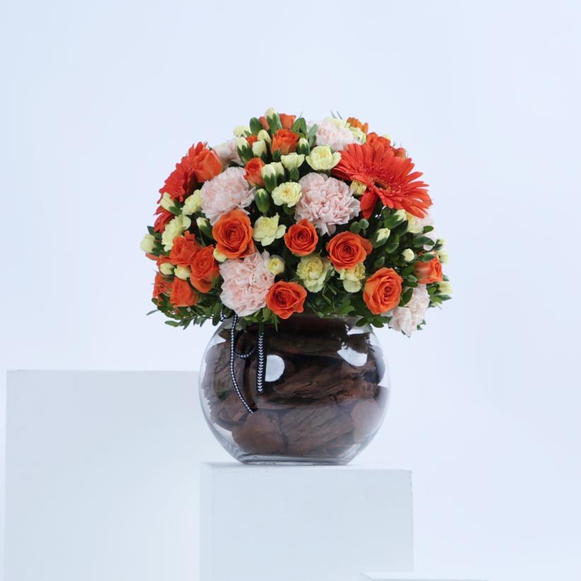 20 Baby Yellow Carnation & 10 Orange Baby Roses | Fishbowl Vase