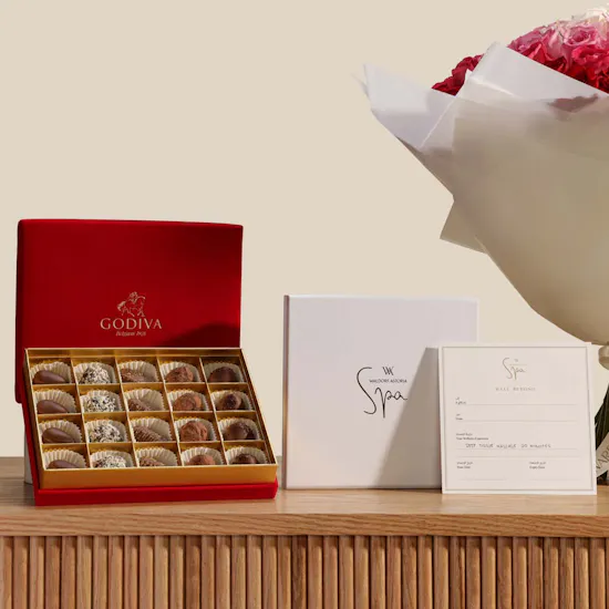 Waldorf Astoria Spa Deep Tissue Massage Gift Voucher | Godiva Chocolate Box and Flower Bouquet