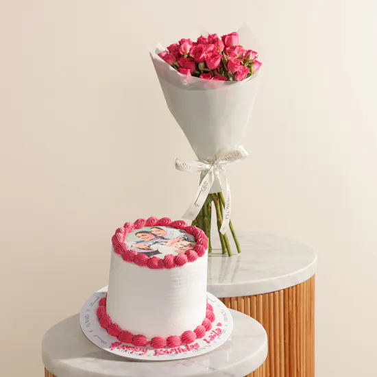 Floward Personalized Fuchsia and White Photo Cake | Delicate Flower Bouquet