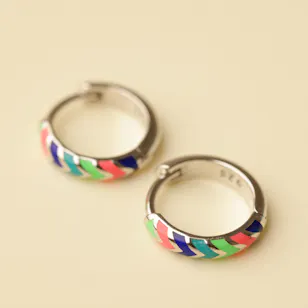 Zia Summer Neon Chevron Enamel Huggie Hoop Silver Women's Earrings