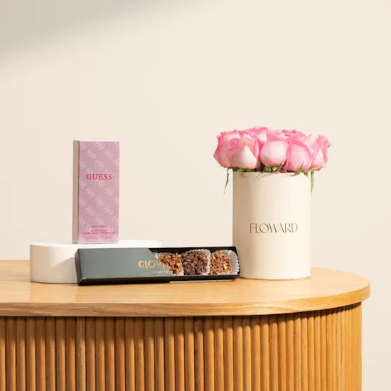Guess Pink EDP For Women | Giovanni Dark Chocolate Caramel Mini Box and Flowers