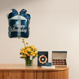 Floward Card 50 KWD and Chocolates | Happy Birthday Balloons and Flower