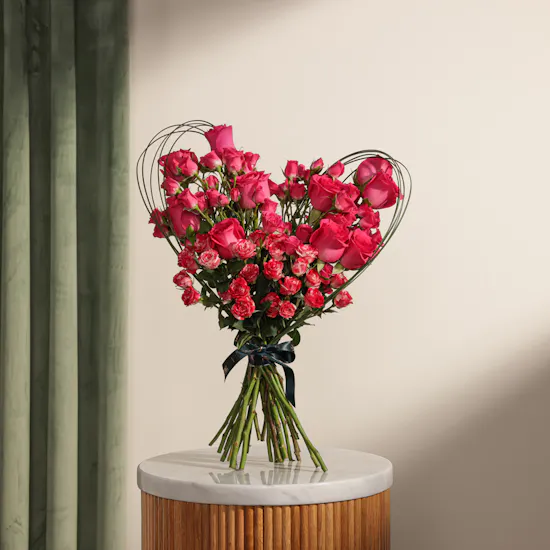 Stunning Fuchsia Rose Heart Bouquet