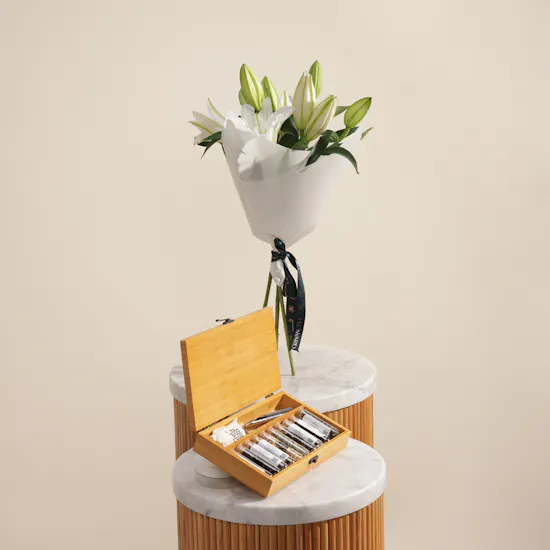 Feel Good Tea Wooden Box | White Lilies Bouquet