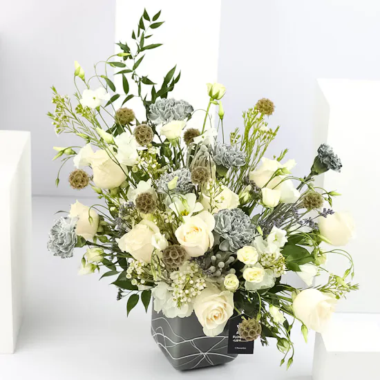 10 White Roses | Soft Grey | Marble Vase