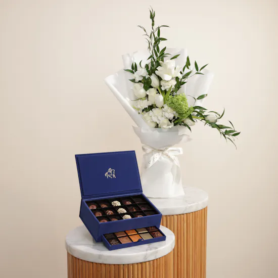 Godiva Small Navy Blue Royal Chocolate Box | White Flower Bouquet