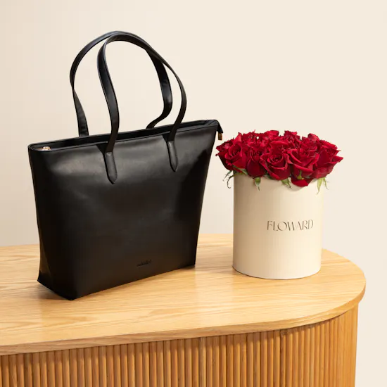 Minilet Classic Zipper Black Leather Handbag | Classic Charm Flowers