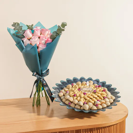 Baraka Dates Eid Mubarak Ghuraiba and Mamoul Blue Bowl | Splendid Flowers