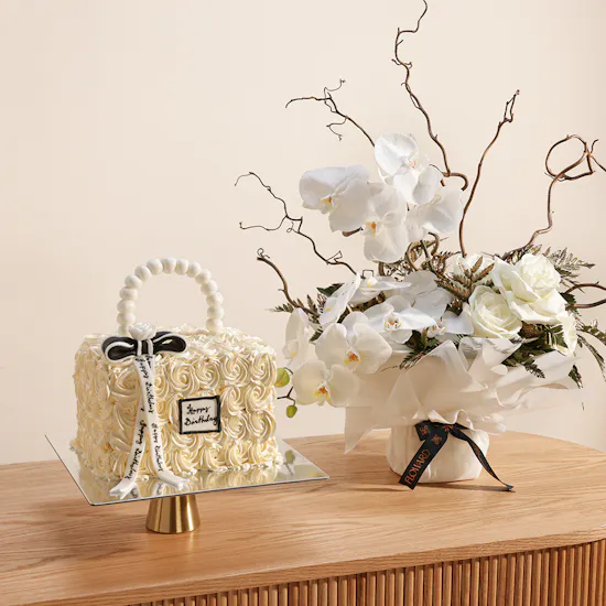 Floward Happy Birthday Bag Shape Cake | White Flowers