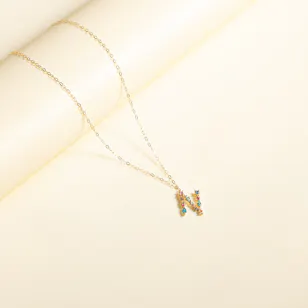 L'azurde Letter N Colored Stones Gold Necklace